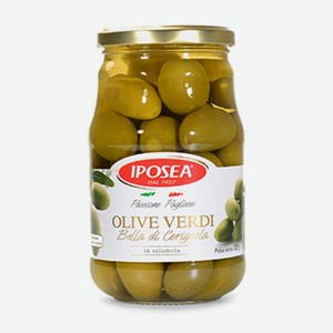 Оливки зелёные Белла Ди Чериньола с косточкой, Iposea, 580 мл, Италия