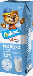 Молоко Топтыжка ультрапастеризованное, 3.2%, 0.2 л, тетрапак