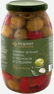 Оливки Market Collection Gordal без косточки с чесноком и специями 800г