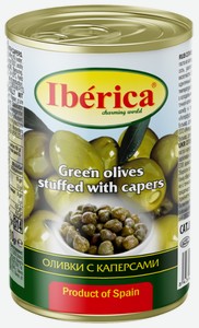 Оливки Iberica зеленые в рассоле, фаршированные каперсами, 300 г, металлическая банка