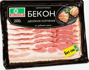 Бекон сырокопченый Велком Двойное копчение на дубовой щепе, 200 г, нарезка