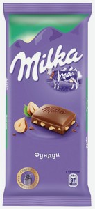 Шоколад Milka молочный с дробленым фундуком, 85 г