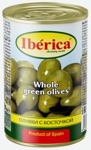 Оливки Iberica зеленые с косточкой, 300 г, металлическая банка