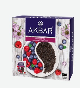 Чай черный Акбар малина и черника в пакетиках, 100 шт