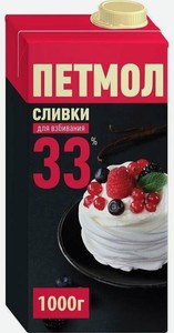 Сливки Петмол ультрапастеризованные для взбивания 33%, 1 л, тетрапак